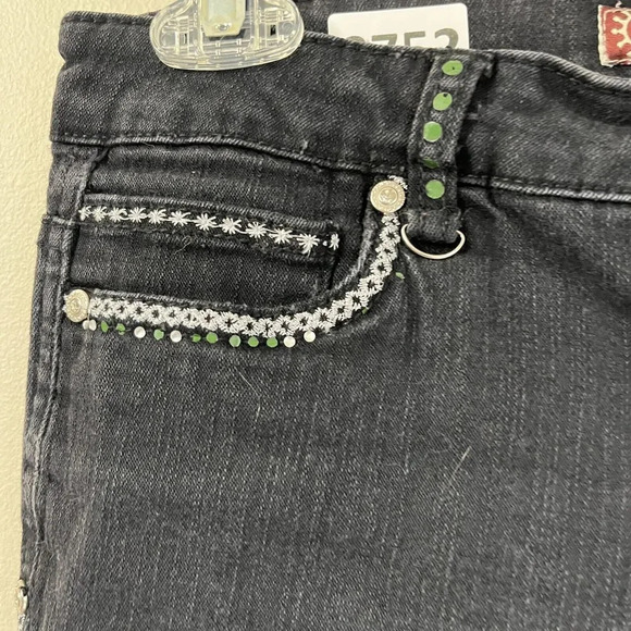Joujou Women Dark Gray Bootcut Jeans 7/8 Medium Wash Embroidered Paisley Pockets - Picture 6 of 12